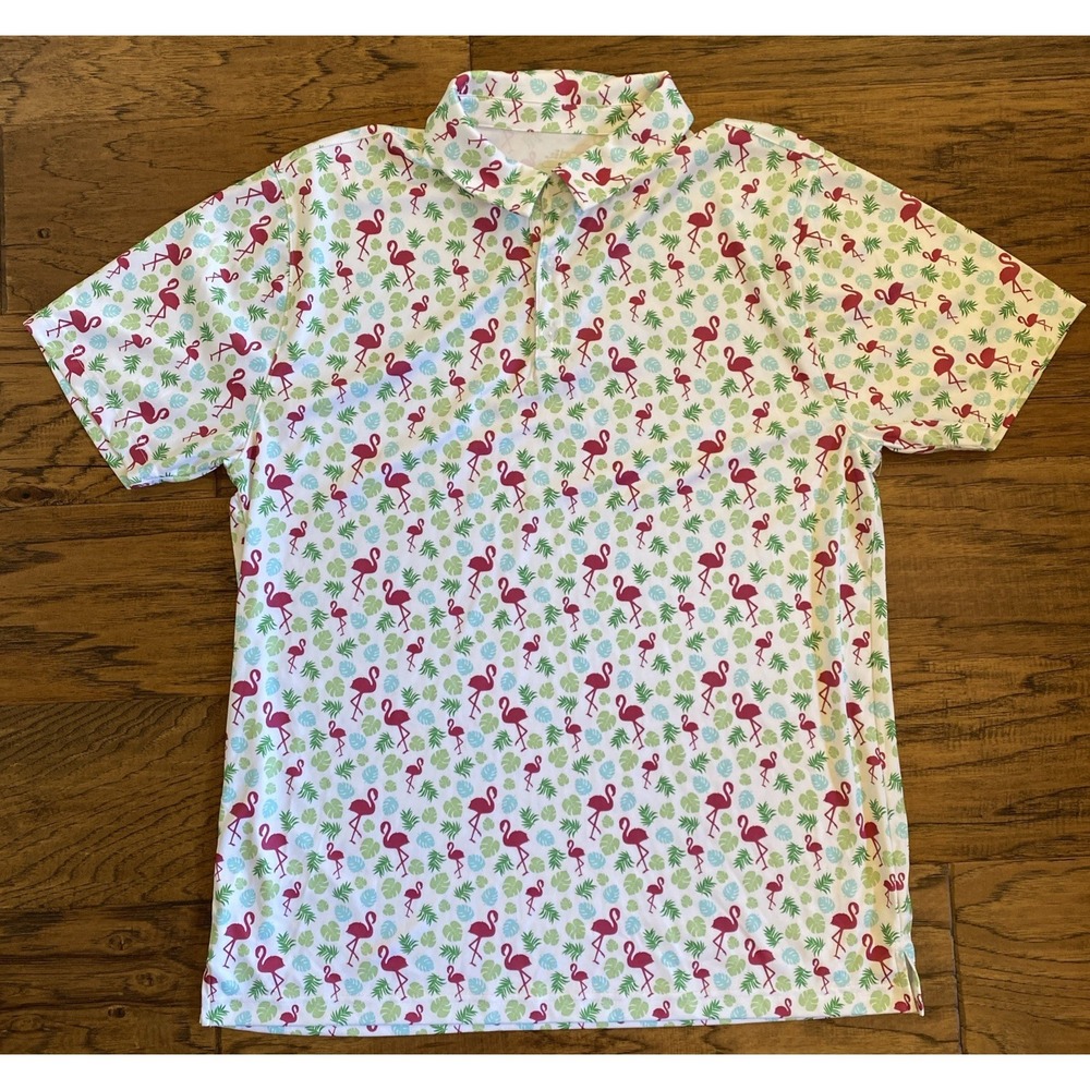 BCG Pink Flamingo Men's Polo Golf Shirt Top Sz XL Comfortable Green Leaf Pattern